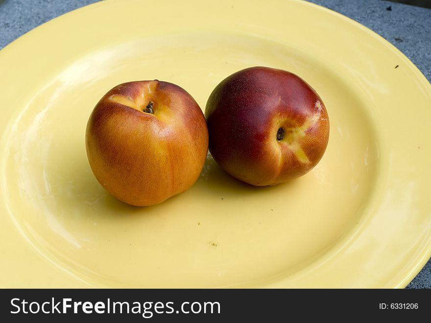 Pair of nectarines on a yellow plate. Pair of nectarines on a yellow plate