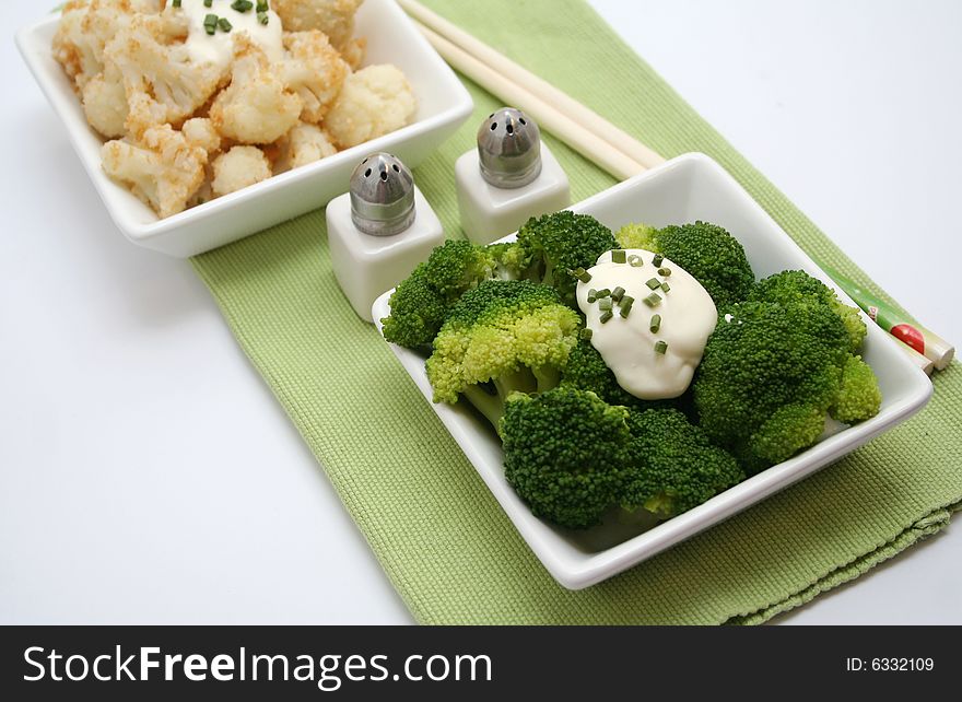 A fresh meal of cauliflower and broccoli. A fresh meal of cauliflower and broccoli