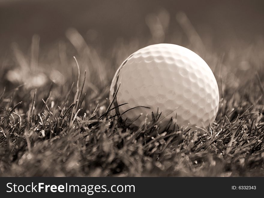 Sepia toned close-up of golf ball in grass. Sepia toned close-up of golf ball in grass