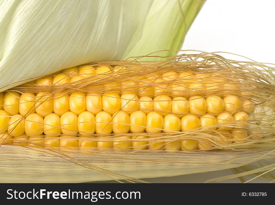 Detail of a fresh corn cob on white background