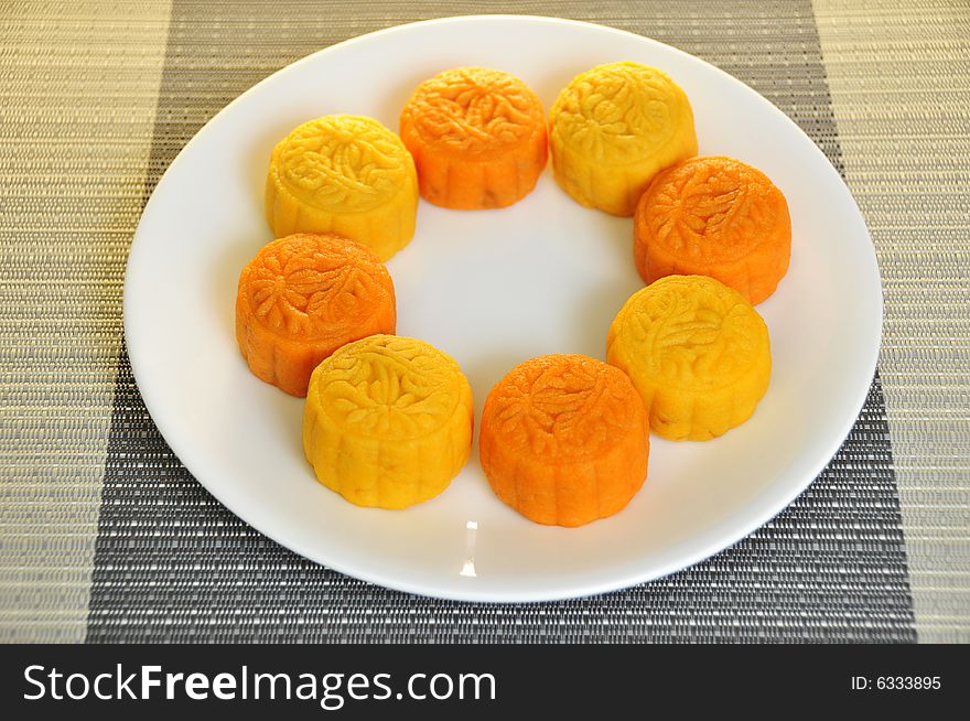 Pictures of orange and yellow skinned mooncakes. Picture here, ready to serve. Good for festival, asian and chinese contexts. Pictures of orange and yellow skinned mooncakes. Picture here, ready to serve. Good for festival, asian and chinese contexts.