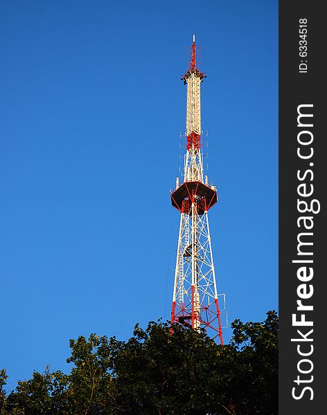 Telecommunication tower with blue sky background