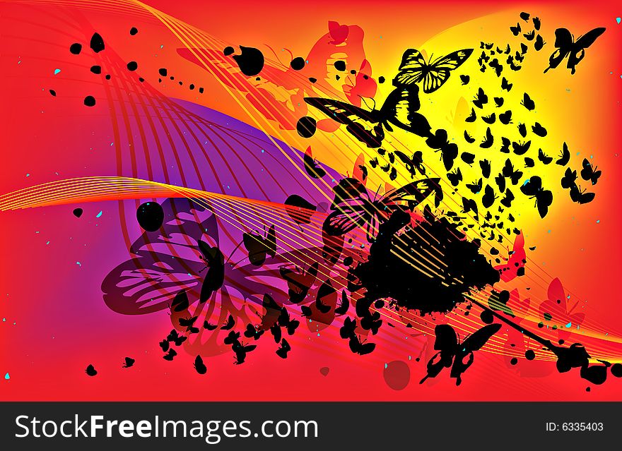 Flurries of butterfly silhouettes and paint splatters on a colorful background. Flurries of butterfly silhouettes and paint splatters on a colorful background.