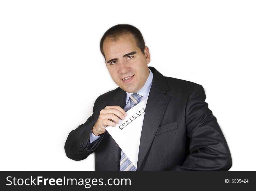 Smiling businessman with a contract in his pocket isolated on a white background