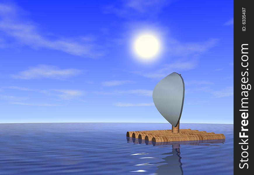 Wooden raft in the sea. 3d render.