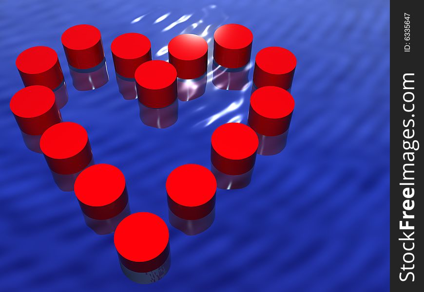 Red heart in the sea. 3d render. Red heart in the sea. 3d render.