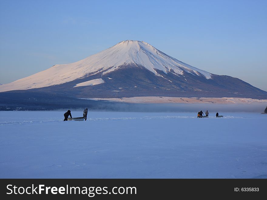 Mt. Fuji over freeze up Lake Yamanaka