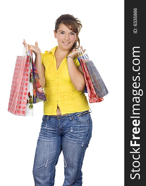 Happy girl holding shopping bags