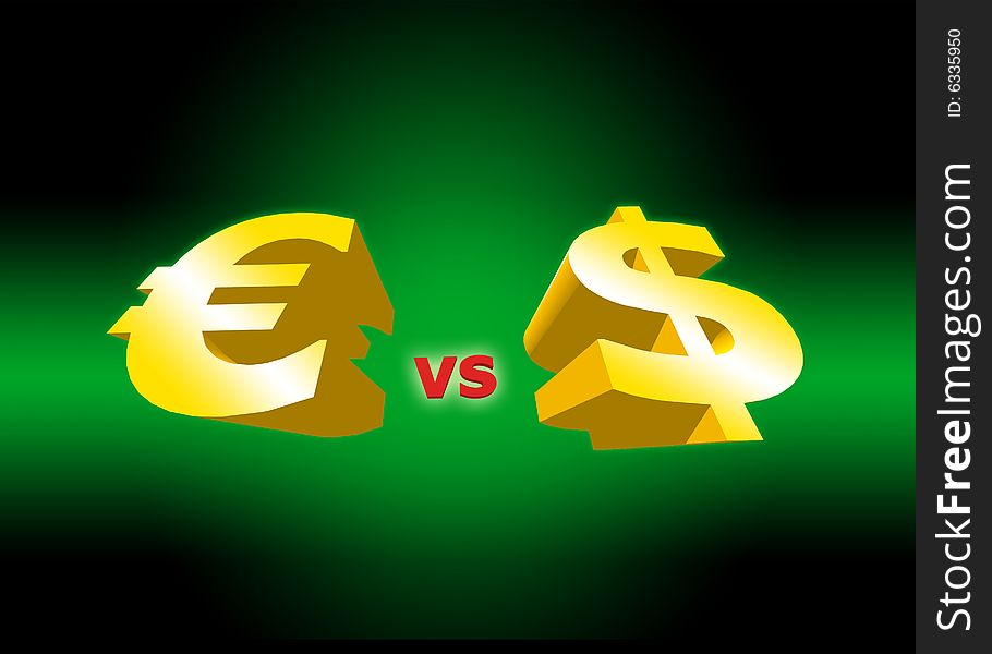 Euro and dollar 3D symbols on a black and green background. Euro and dollar 3D symbols on a black and green background