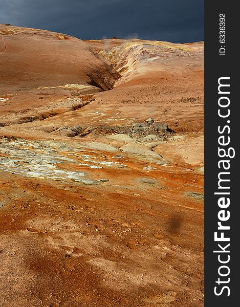 Extinct volcanic cones of yellow colour in the north of Iceland. Extinct volcanic cones of yellow colour in the north of Iceland