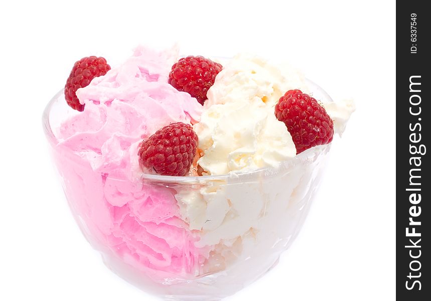 Freshness raspberry with pink and white ice-cream. Freshness raspberry with pink and white ice-cream