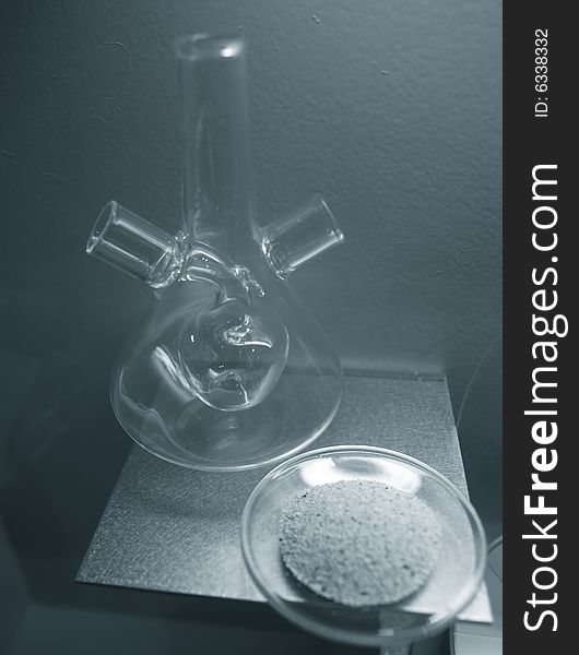 Vintage glass chemistry instruments monochrome image