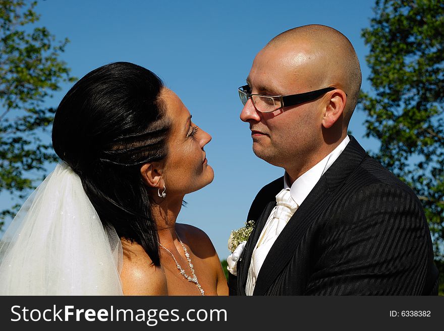 Bride and groom are looking at each other. Bride and groom are looking at each other