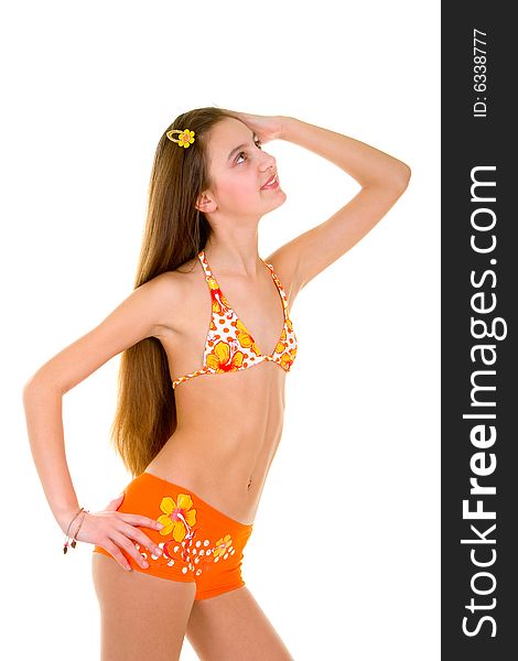 Fun girl in swimsuit isolated on the white background
