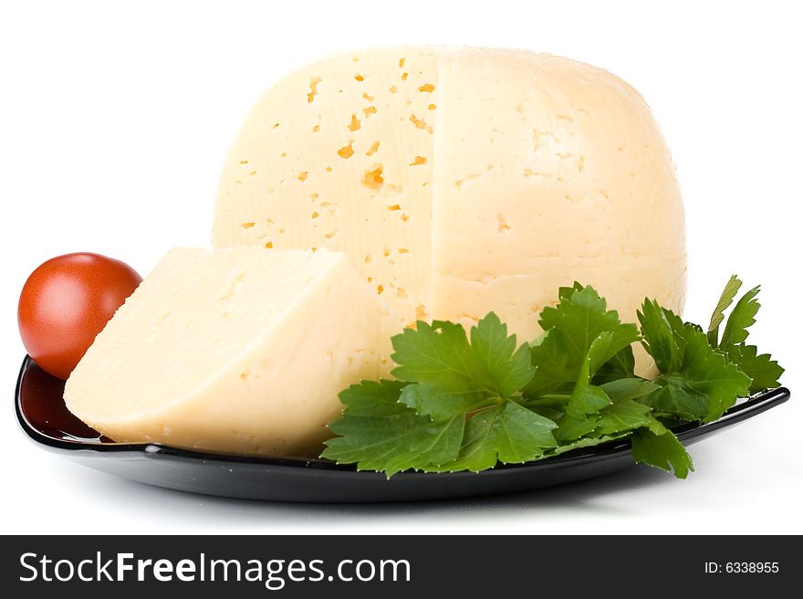Fresh appetizing cheese on a white background. Fresh appetizing cheese on a white background