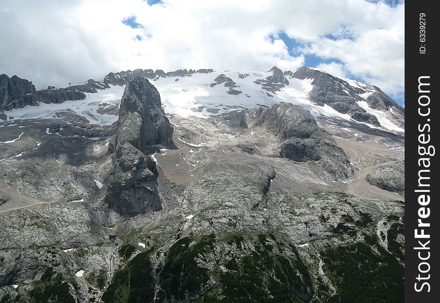 Marmolada glacier in the dolomites during summer