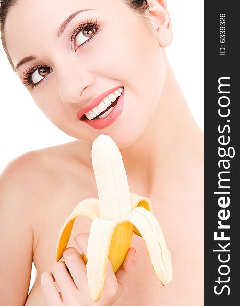 Pretty woman with banana isolated on the white background