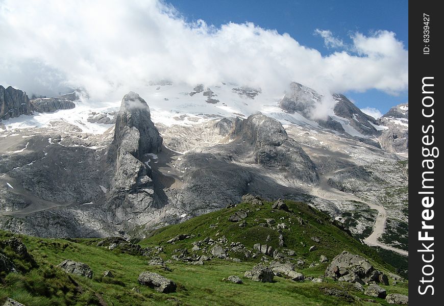 Panorama of Marmolada glacier during summer