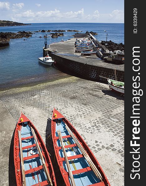 Rowboats in the small harbour of Ribeiras in Pico island, Azores