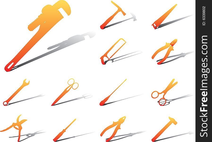 Set icons - 23A. Tools. Gavel, saws, screwdrivers, scissors and other joiner's instruments for your design