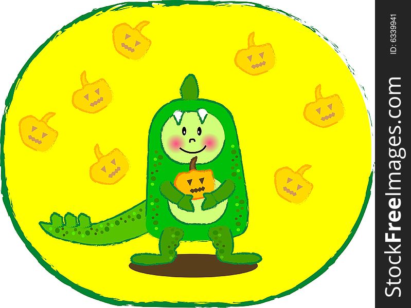 A cute dinosaur boy holding a scary pumpkin.