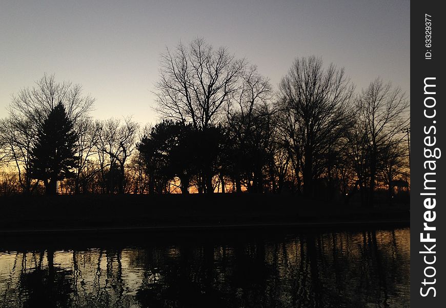 Trees Reflecting in Water Surface during Sunset in Winter.