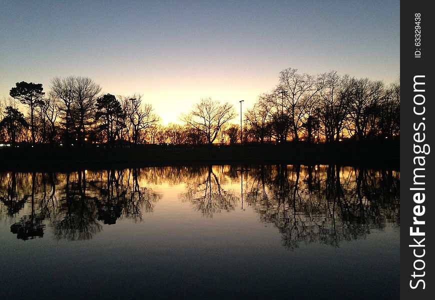 Trees Reflecting in Water Surface during Sunset in Winter.