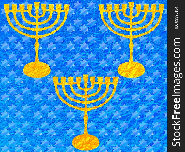 Gold Menorah Metallic Blue pattern Hanukkah
