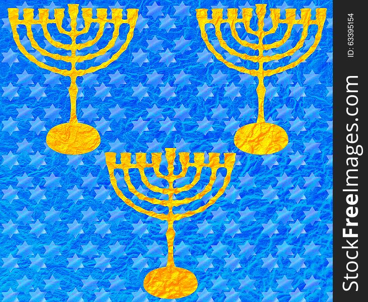 Gold Menorah Metallic Blue Pattern Hanukkah