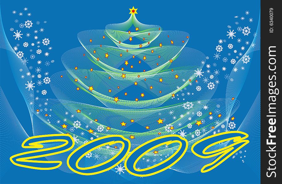 Festive fir tree encircled stars and snowflakes on  blue background