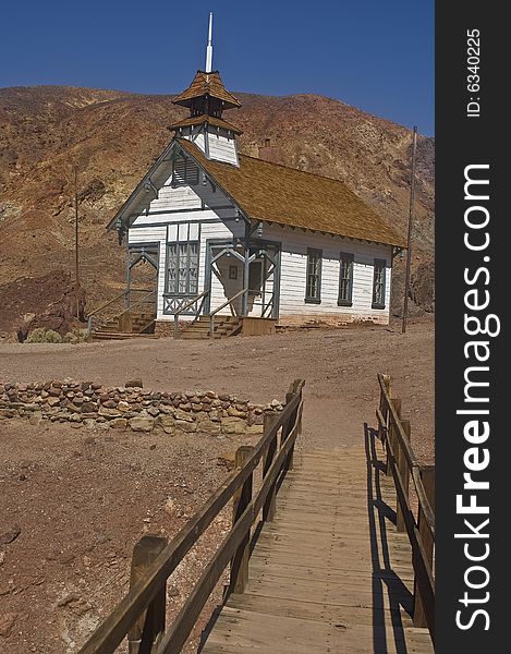 This is a picture of a schoolhouse across the bridge at Calico, California, a ghost town and San Bernardino County park.