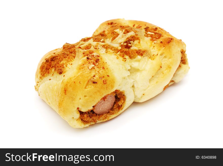 Chicken floss sausage bun isolated on white background.