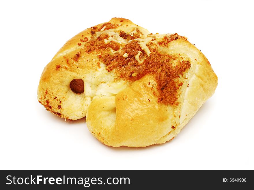 Chicken floss sausage bun isolated on white background.