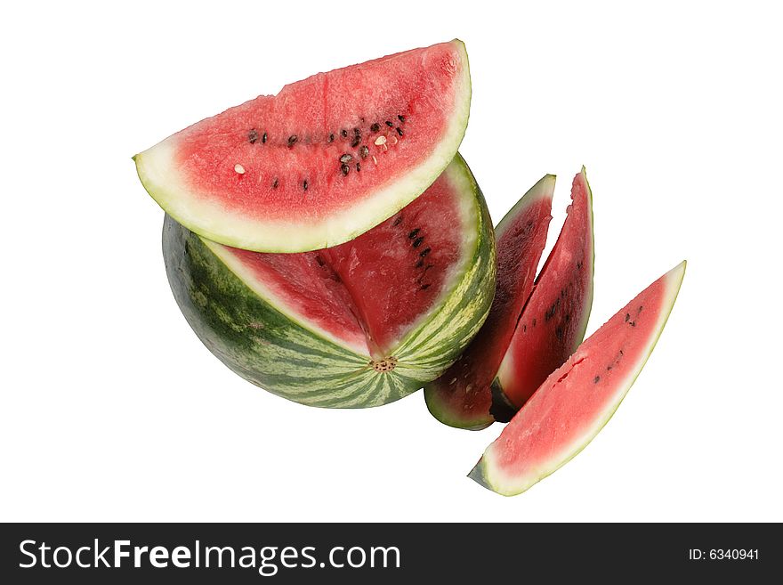 Fresh watermelon with slices lying on white background