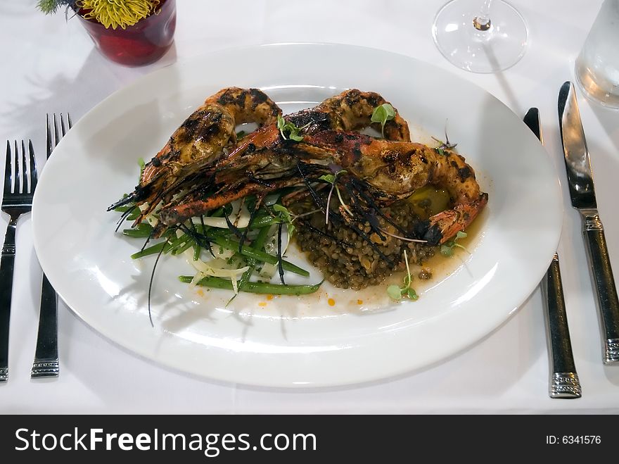 Grilled Prawns with green beans and lentils