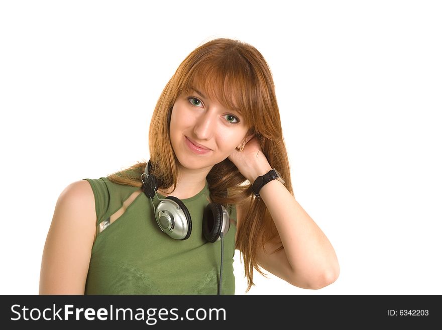 Romantic girl with headphones isolated on white background