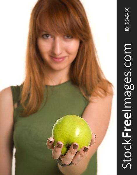 Fitness Girl With Green Apple, Focus On Fruit