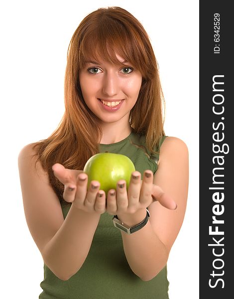 Young red-haired girl with green apple, focus on face. Young red-haired girl with green apple, focus on face