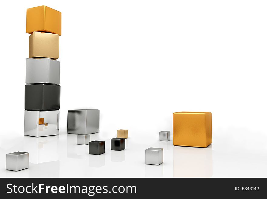 Several metallic cubes strewn chaotic on white background. Several metallic cubes strewn chaotic on white background