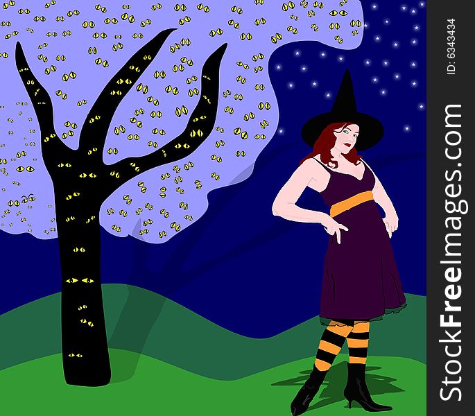 Halloween witch standing next to a creepy tree filled with critters with only their little yellow eyes showing.