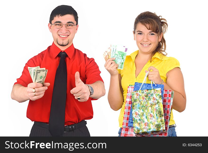 Young man and woman holding money isolated on white background