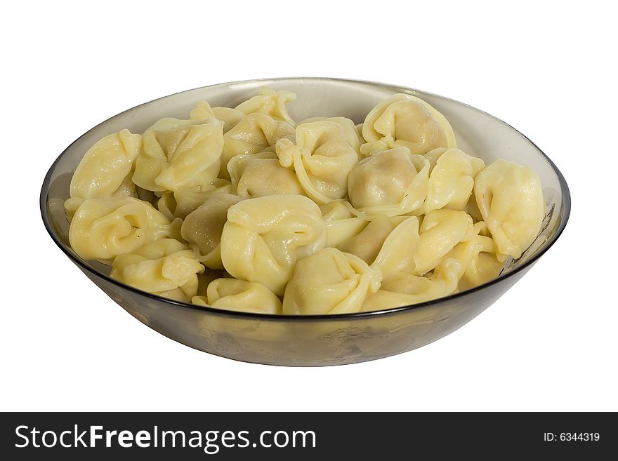 Cooked dumplings in glass-ware. isolated on white background.