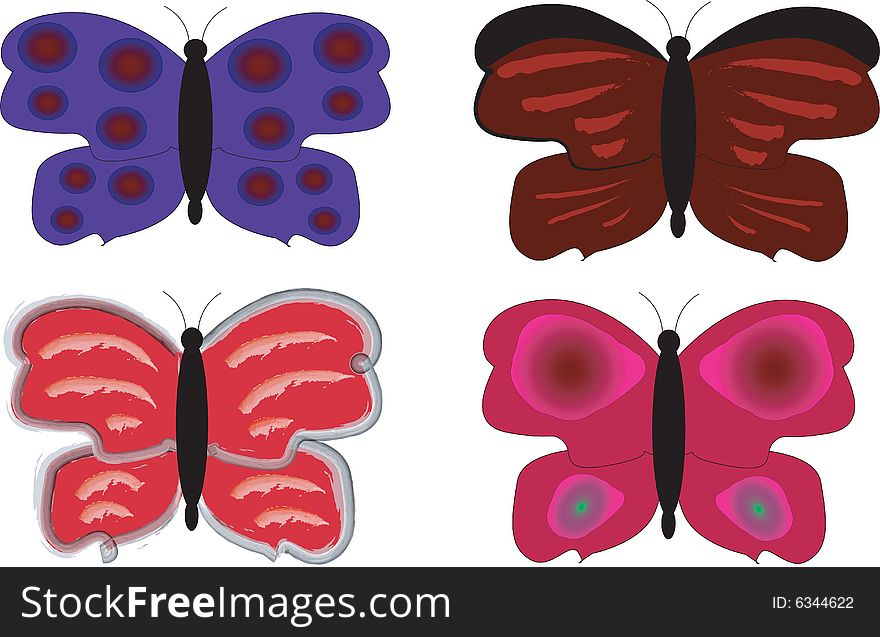Four different colored butterflies on a white background