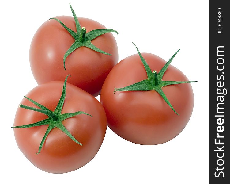 Three tomatoes isolated on white (with clipping path for easy background removing). Three tomatoes isolated on white (with clipping path for easy background removing).