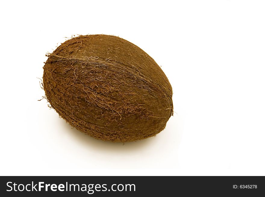 A single coconut isolated on white. Very high detail to the fibers on the nut.
