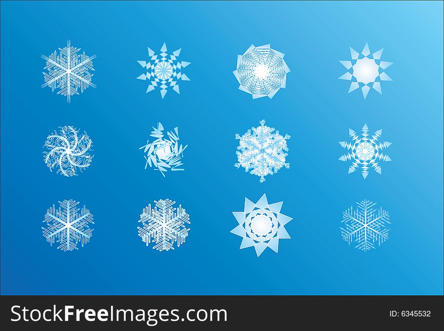 Twelve snowflakes on a blue background