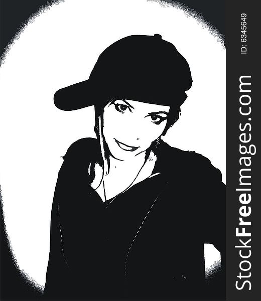 Beautiful young woman with hat - black and white - illustration. Beautiful young woman with hat - black and white - illustration