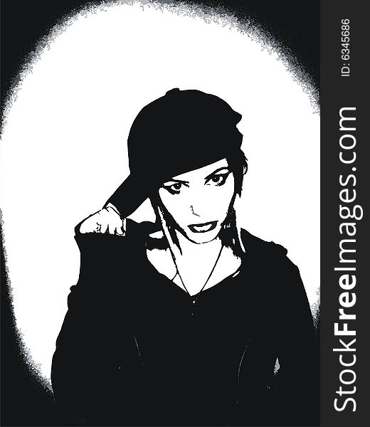 Pretty young woman with the hat - black and white - illustration