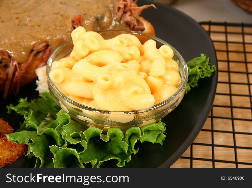 Bowl of macaroni and cheese.