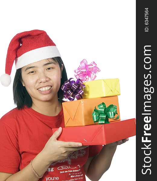 Portrait of a santa woman with hat and gift. Portrait of a santa woman with hat and gift